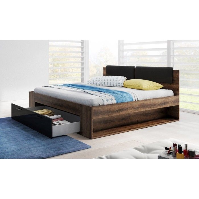 Lit adulte 160x200 avec tiroirs intégrés - Collection FLOYD. Coloris chêne foncé et noir