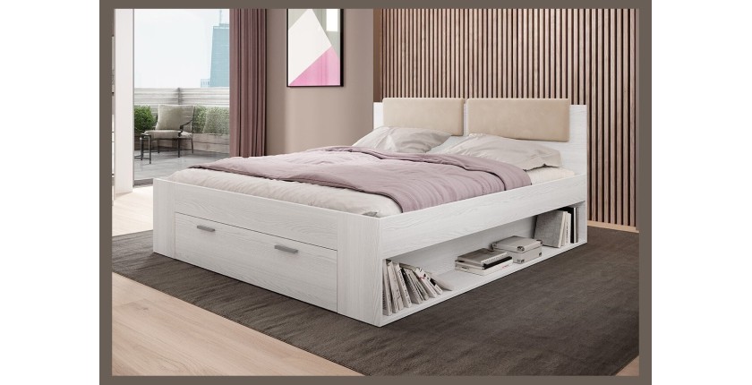 Lit adulte 140x200 avec tiroirs intégrés - Collection FLOYD. Coloris blanc effet bois.