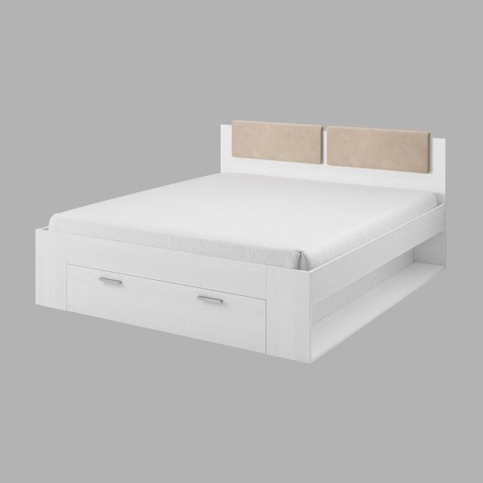 Lit adulte 140x200 avec tiroirs intégrés - Collection FLOYD. Coloris blanc effet bois.