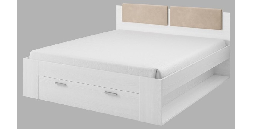 Lit adulte 140x200 avec tiroirs intégrés - Collection FLOYD. Coloris blanc effet bois.