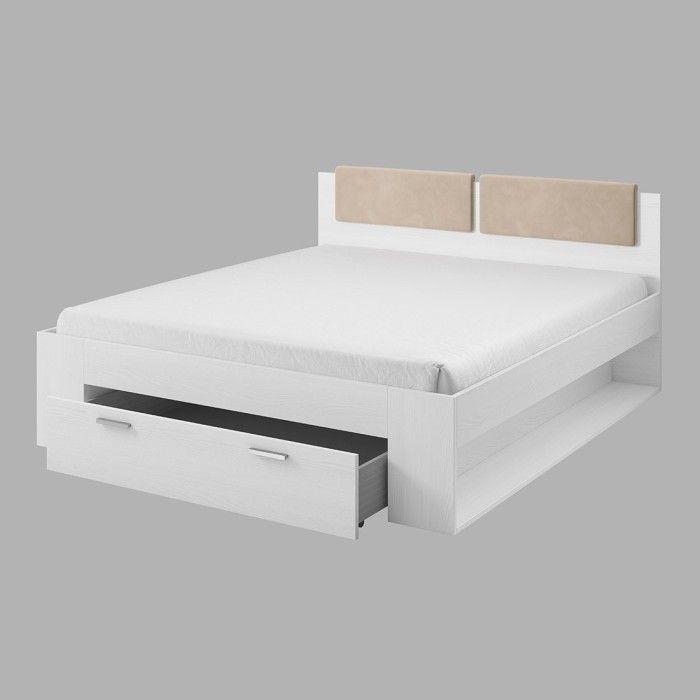 Lit adulte 160x200 avec tiroirs intégrés - Collection FLOYD. Coloris blanc effet bois.