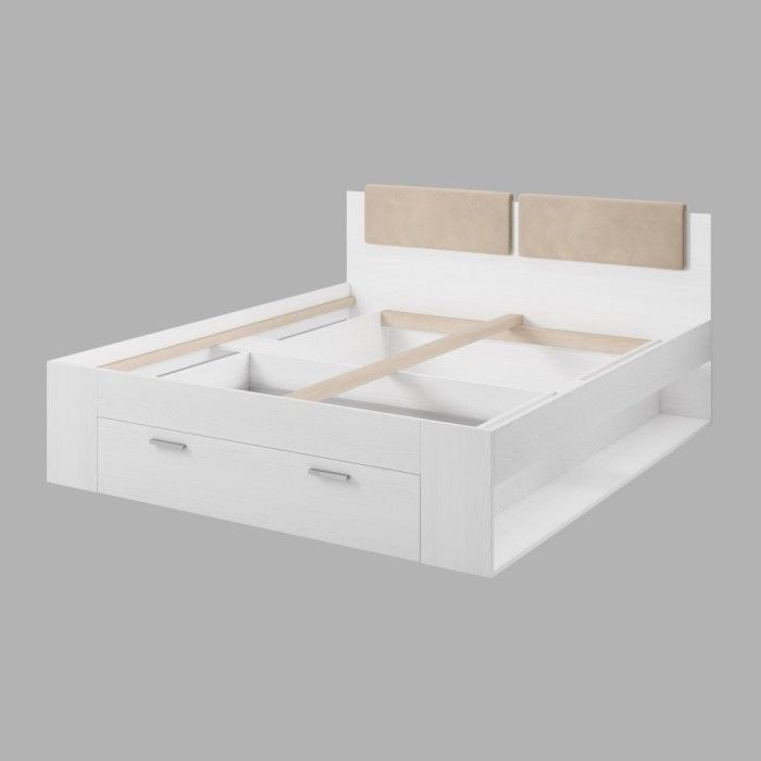 Lit adulte 180x200 avec tiroirs intégrés - Collection FLOYD. Coloris blanc effet bois.