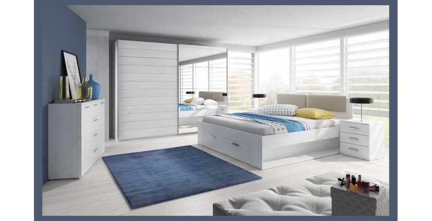 Lit adulte 180x200 avec tiroirs intégrés - Collection FLOYD. Coloris blanc effet bois.