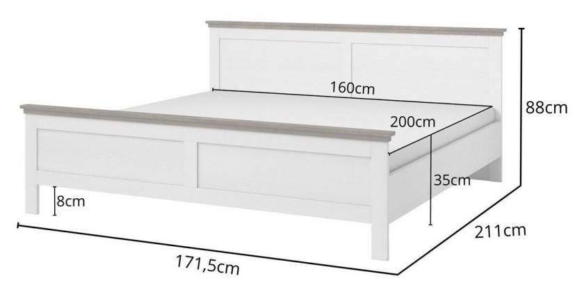 Lit adulte 160x200 collection ASSIA. Coloris blanc et  finitions aspect chêne.