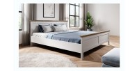 Lit adulte 160x200 collection ASSIA. Coloris blanc et  finitions aspect chêne.