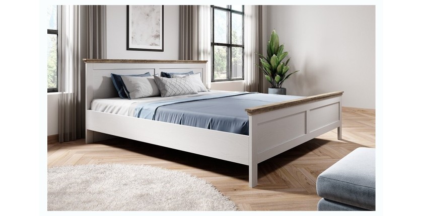 Lit adulte 160x200 collection ASSIA. Coloris blanc et  finitions aspect chêne.