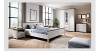 Lit adulte 160x200 collection ASSIA. Coloris blanc et  finitions aspect chêne.