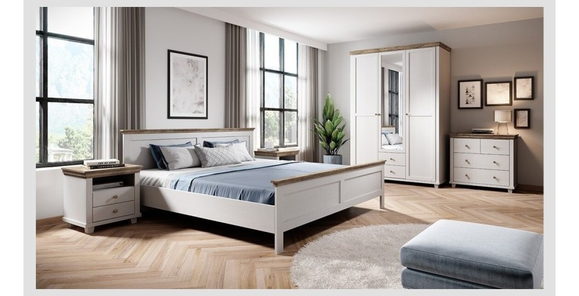 Lit adulte 160x200 collection ASSIA. Coloris blanc et  finitions aspect chêne.