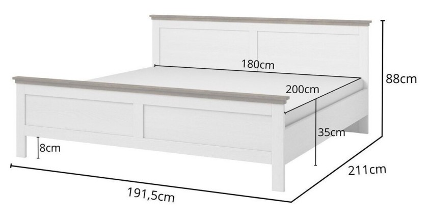 Lit adulte 180x200 collection ASSIA. Coloris blanc et  finitions aspect chêne.
