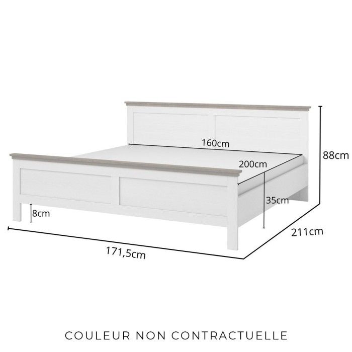 Lit adulte 160x200 collection ASSIA. Coloris vert kaki et  finitions aspect chêne.