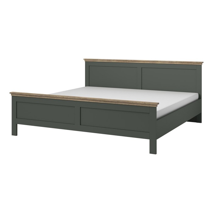 Lit adulte 180x200 collection ASSIA. Coloris vert kaki et  finitions aspect chêne.