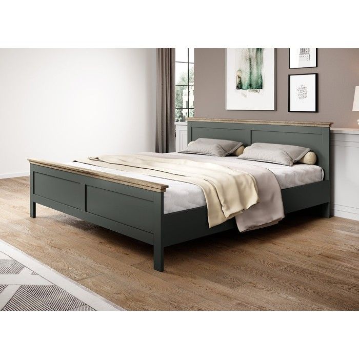 Lit adulte 180x200 collection ASSIA. Coloris vert kaki et  finitions aspect chêne.