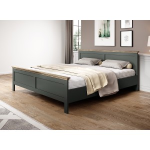Lit adulte 180x200 collection ASSIA. Coloris vert kaki et  finitions aspect chêne.