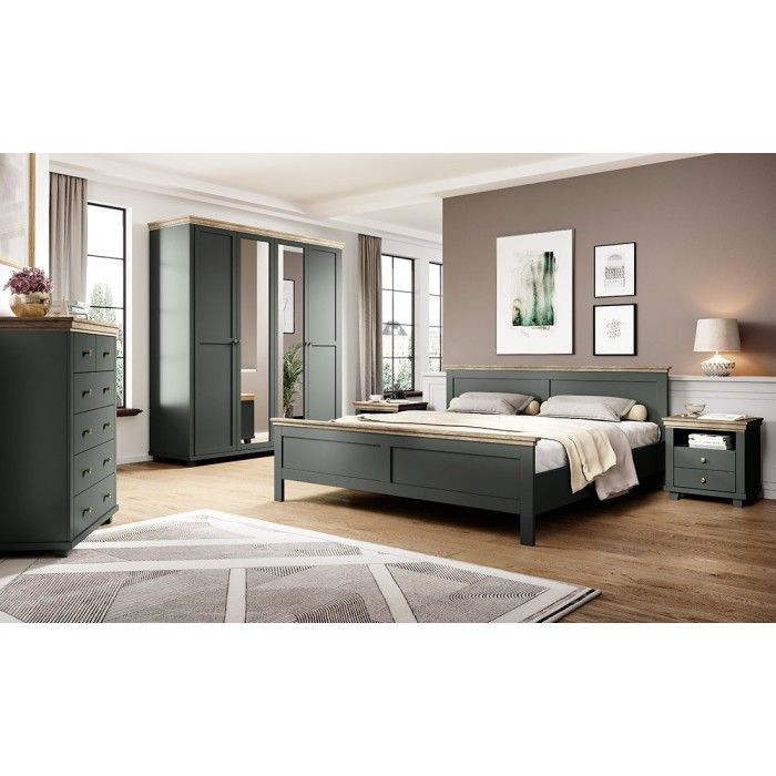 Lit adulte 180x200 collection ASSIA. Coloris vert kaki et  finitions aspect chêne.