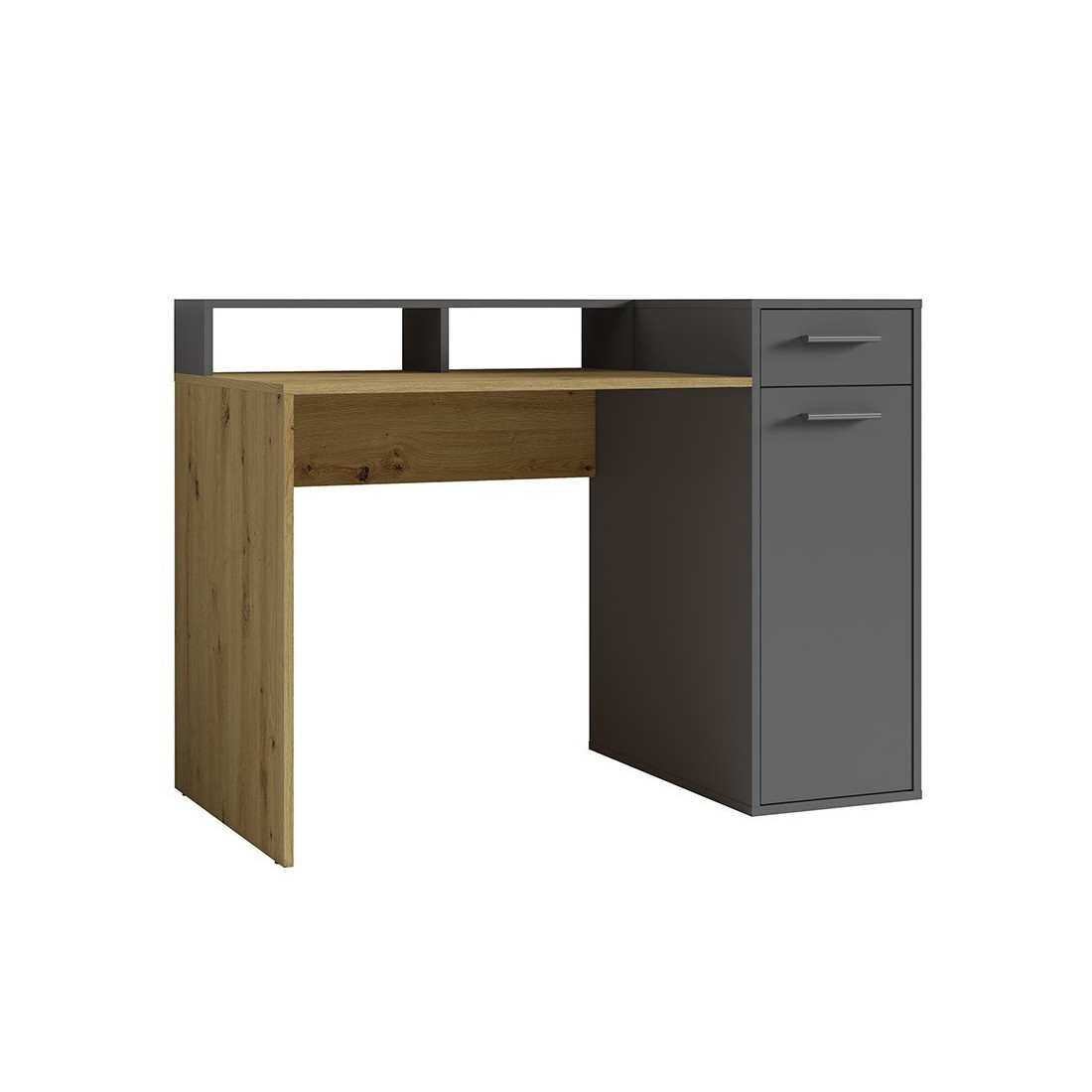 Bureau droit design avec caisson de rangement collection OFFICE coloris chêne et gris.
