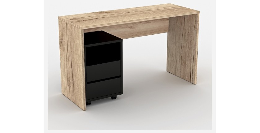 Bureau droit design avec caisson de rangement collection KINSALE coloris chêne sonoma et noir.