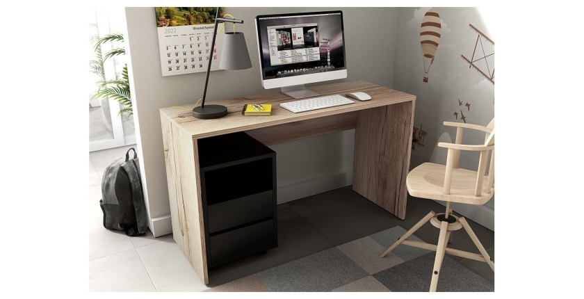 Bureau droit design avec caisson de rangement collection KINSALE coloris chêne sonoma et noir.