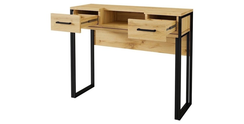 Console extensible en Bureau avec 2 tiroirs et 1 niche collection JASPER coloris chêne pieds en fer noir.