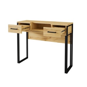 Console extensible en Bureau avec 2 tiroirs et 1 niche collection JASPER coloris chêne pieds en fer noir.