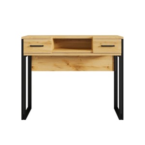 Console extensible en Bureau avec 2 tiroirs et 1 niche collection JASPER coloris chêne pieds en fer noir.