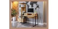 Console extensible en Bureau avec 2 tiroirs et 1 niche collection JASPER coloris chêne pieds en fer noir.