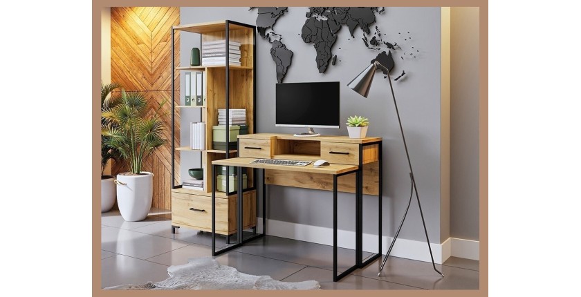 Console extensible en Bureau avec 2 tiroirs et 1 niche collection JASPER coloris chêne pieds en fer noir.
