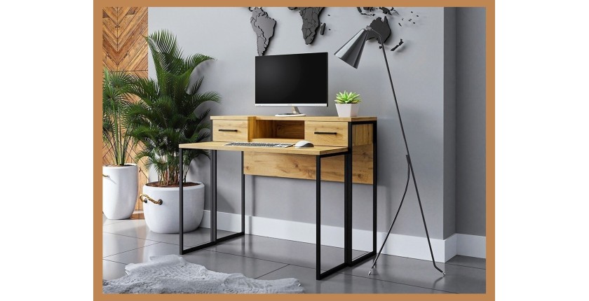 Console extensible en Bureau avec 2 tiroirs et 1 niche collection JASPER coloris chêne pieds en fer noir.