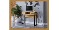 Console extensible en Bureau avec 2 tiroirs et 1 niche collection JASPER coloris chêne pieds en fer noir.