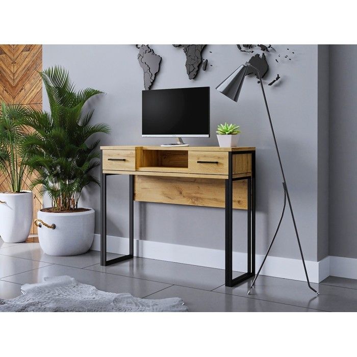 Console extensible en Bureau avec 2 tiroirs et 1 niche collection JASPER coloris chêne pieds en fer noir.