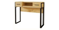 Console extensible en Bureau avec 2 tiroirs et 1 niche collection JASPER coloris chêne pieds en fer noir.
