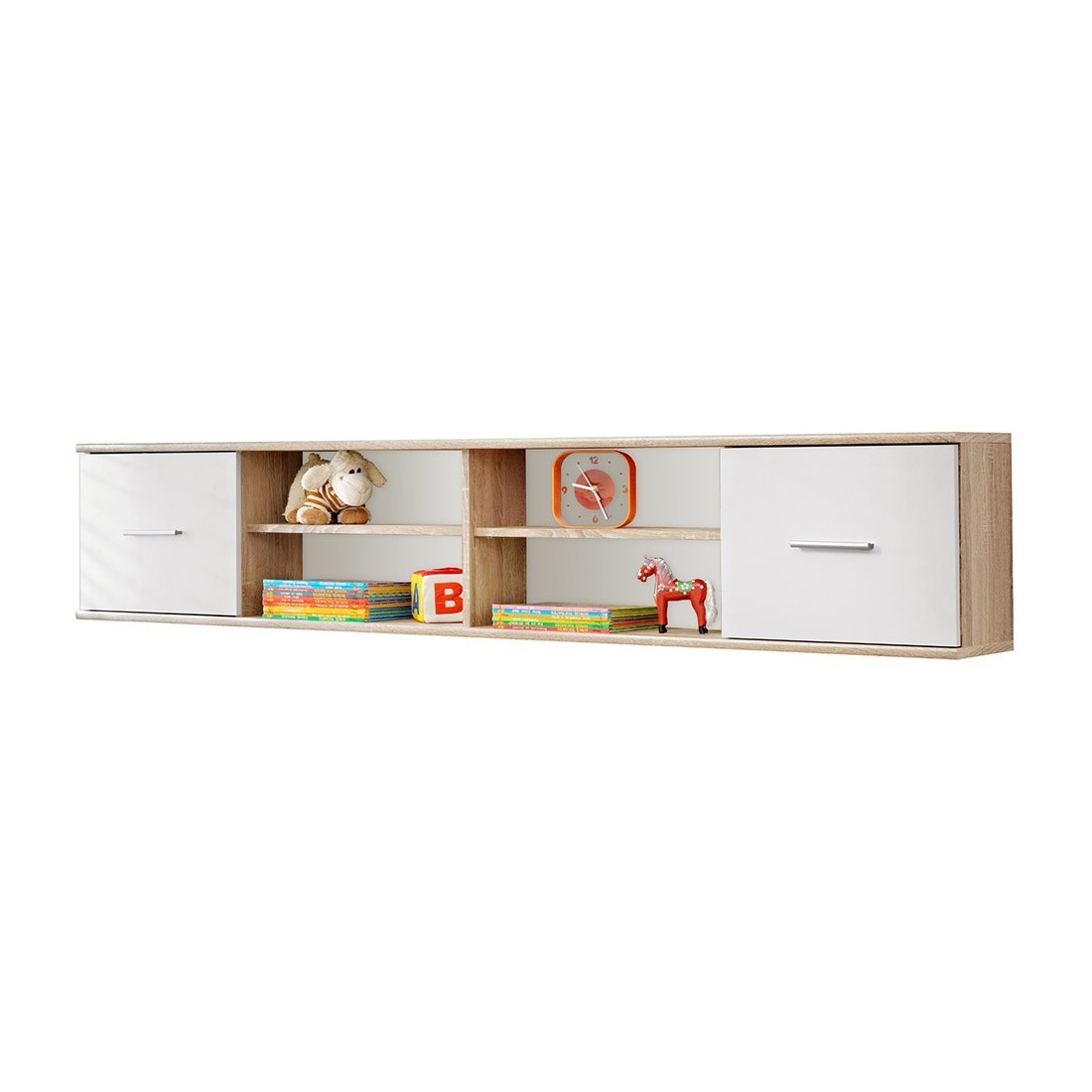 Étagères suspendue - DENVER - Coloris chêne et blanc - 2 portes et 4 niches
