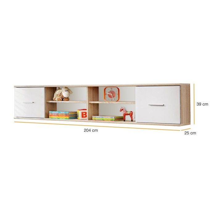 Étagères suspendue - DENVER - Coloris chêne et blanc - 2 portes et 4 niches