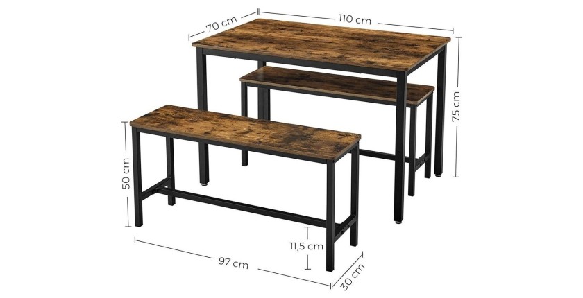 Ensemble table et bancs en bois style industriel collection TAMPA.