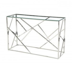 Console design collection ZOXY en métal chromé et verre trempé.