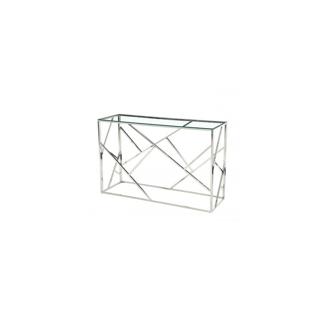 Console design collection ZOXY en métal chromé et verre trempé.