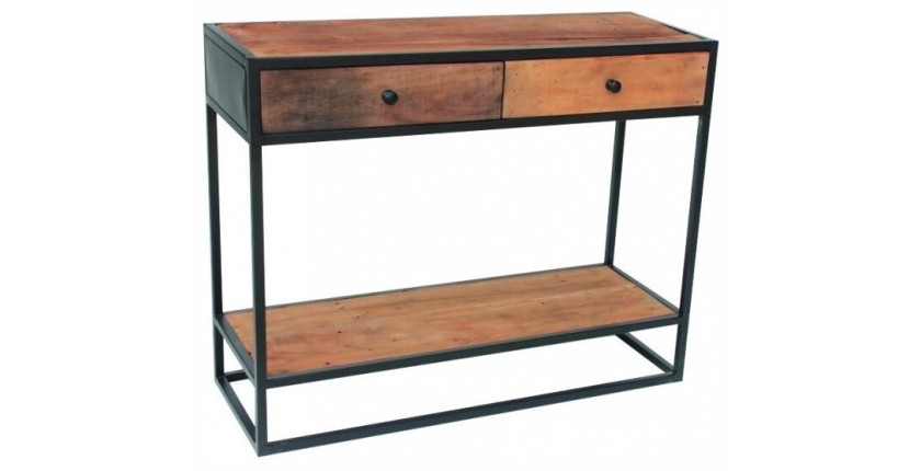 Consola de salón con cajones estilo industrial en madera maciza y estructura de metal. Colección EBANO