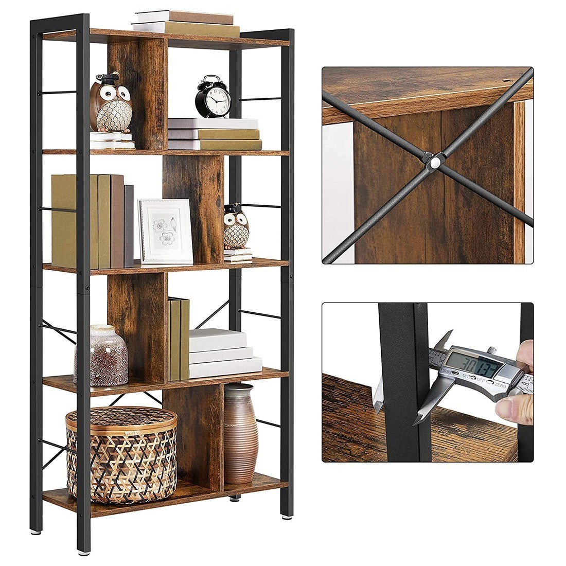 Bibliothèque 4 étages style rustique collection Austin. Coloris bois foncé.