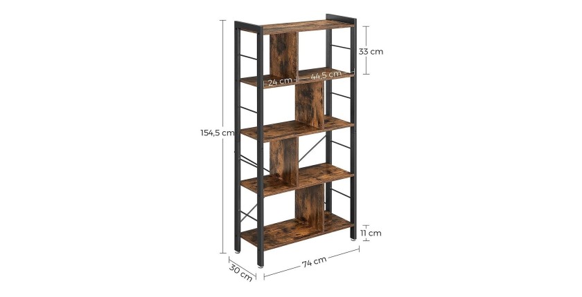Bibliothèque 4 étages style rustique collection Austin. Coloris bois foncé.