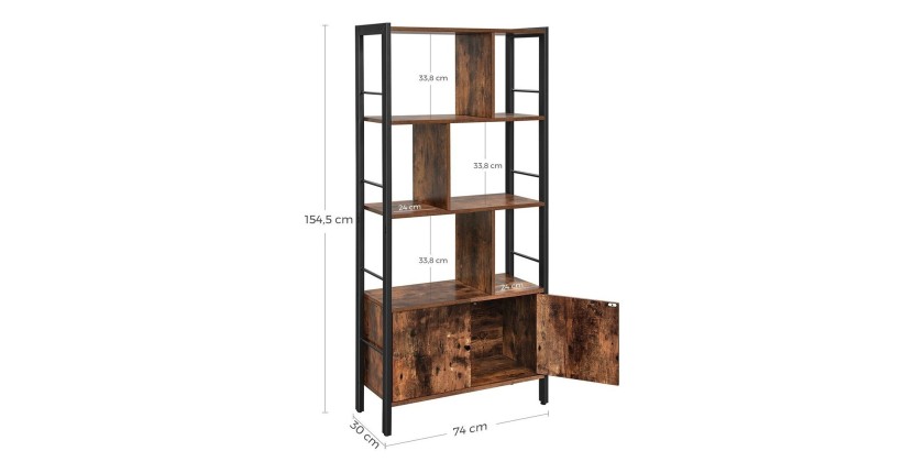 Bibliothèque style rustique collection Austin. Structure en métal. Coloris bois foncé et noir.