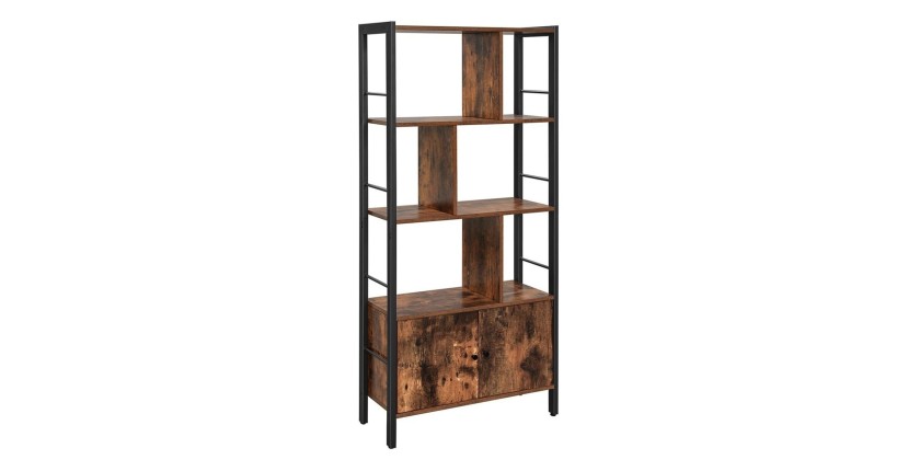 Bibliothèque style rustique collection Austin. Structure en métal. Coloris bois foncé et noir.