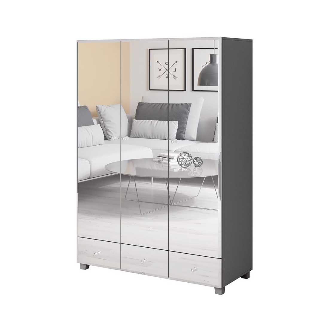 Armoire penderie recouverte de miroirs collection LUXOR. 3 portes et 3 tiroirs