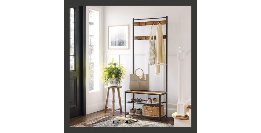 Portant collection PUSH coloris bois vintage . Meuble d'entrée avec penderie et rangement chaussures intégrés