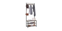 Portant collection PUSH coloris gris effet bois. Meuble d'entrée avec penderie et rangement chaussures intégrés
