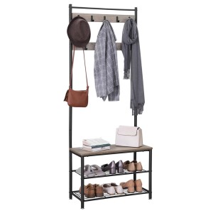 Portant collection PUSH coloris gris effet bois. Meuble d'entrée avec penderie et rangement chaussures intégrés