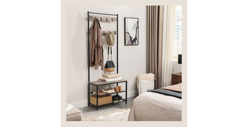Portant collection PUSH coloris gris effet bois. Meuble d'entrée avec penderie et rangement chaussures intégrés