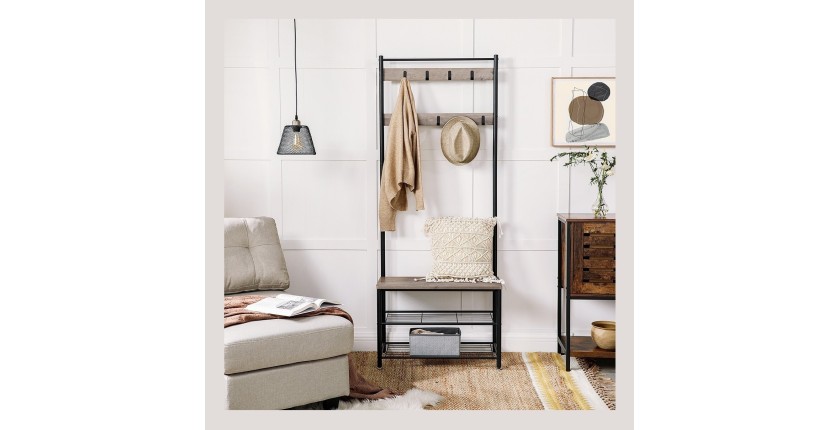 Portant collection PUSH coloris gris effet bois. Meuble d'entrée avec penderie et rangement chaussures intégrés