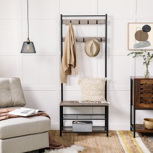 Portant collection PUSH coloris gris effet bois. Meuble d'entrée avec penderie et rangement chaussures intégrés