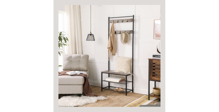 Portant collection PUSH coloris gris effet bois. Meuble d'entrée avec penderie et rangement chaussures intégrés