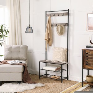 Portant collection PUSH coloris gris effet bois. Meuble d'entrée avec penderie et rangement chaussures intégrés
