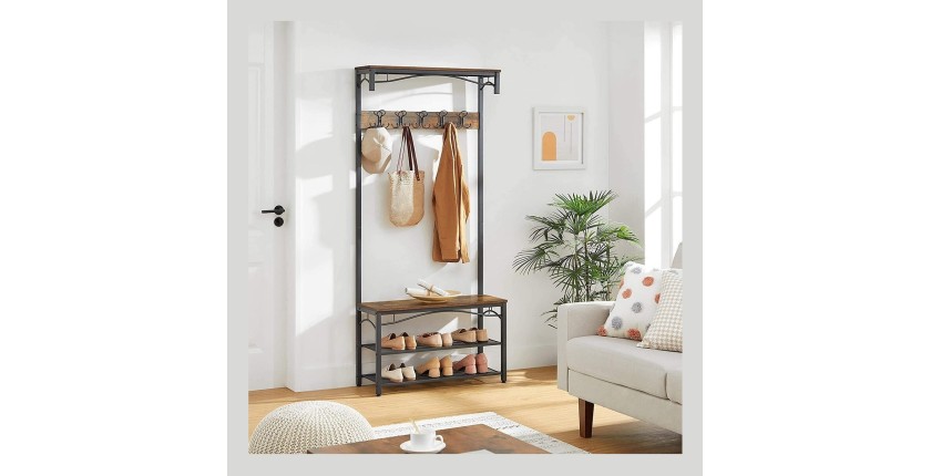 Portant collection NASHVILLE coloris bois et noir. Meuble d'entrée avec penderie et rangement chaussures intégrés
